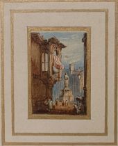 Samuel Prout (British 1783-1852), a town monument, watercolour, 7 x 4 cm