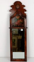 A Georgian style mahogany fret frame mirror, painted flowers, 80 x 23 cm