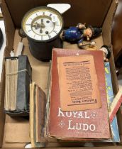 A clock movement, stereoscope slides, novelty toys and other items (box)