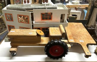 A 1950s dolls house, 70 cm wide, a wooden tractor, and a trailer (3)