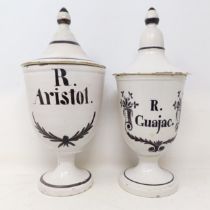 A near pair of 19th century Delft apothecary jars and covers, reading R Aristol, and R G Uagac, 30