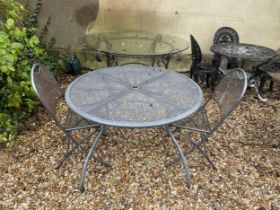 A metal garden table, 108 cm diameter, two chairs and a teak garden bench, 142 cm wide (4)