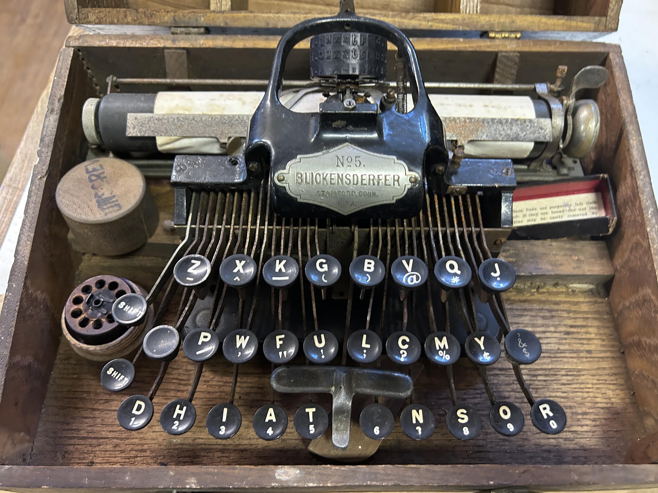 A late 19th/early 20th Blickensderfer No 5 typewriter, in a wooden case