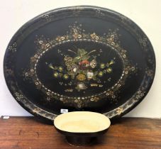 An early 20th century papier mache tray, decorated flowers, 75 x 90 cm, and a vintage ceramic