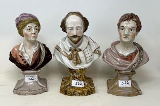 A 19th century Staffordshire porcelain bust, of Shakespeare, 26 cm high, and two other similar