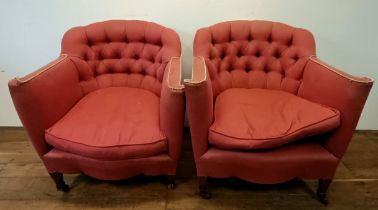 A pair of tub armchairs, on mahogany legs (2) losses to legs, some warer