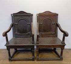 A 17th/18th century oak wainscot armchair, with an arched panel back, on turned legs, and another,