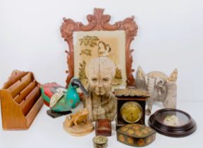 A carved wooden bust of a young girl, and assorted other items (box)