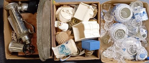 A pair of blue and white vases, and assorted other items (3 boxes)