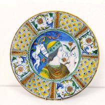 A majolica plate, decorated a bust portrait of a man, 42 cm diameter