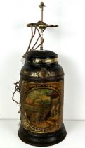 A Continental painted tea canister, converted to a lamp, 77 cm high