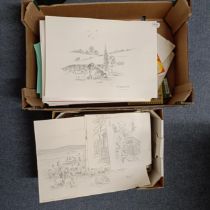 Assorted unframed pictures and sketch books by Ken Laurence (2 boxes) Provenance: from the studio