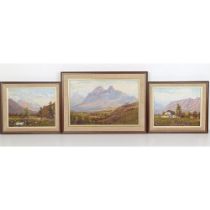 J de Leew (South African), landscape, oil on board, 30 x 44 cm, a landscape, 24 x 29 cm, and a