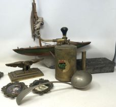 An early 20th century pond yacht, a Chinese silver plated box, decorated dragon, and assorted