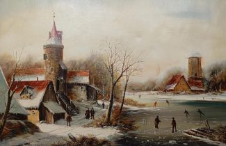Martin Prohaska (German b. 1949), a winter scene with ice skating, oil on canvas, signed, 59.5 x
