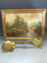 L Richards, a landscape, oil on canvas, 39 x 59 cm, a brass chestnut pan and a chestnut roaster (3)