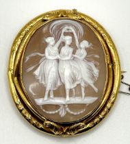 A late 19th/early 20th century cameo, decorated three dancing figures, in a yellow coloured metal