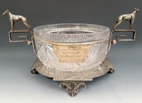 A silver plated and cut glass trophy bowl, with greyhound handles, 37 cm wide glass bowl little