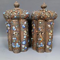 A pair of Chinese silver coloured metal and enamel caddies, decorated flowers and birds, all in 1,