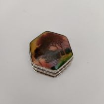 A George V silver and enamel hexagonal box, decorated landscape scene, all in 30 g, 4 cm wide Damage