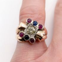 A certificated 9ct yellow and white gold ring, set with an RBC diamond (0.50ct), two R/C rubies (0.