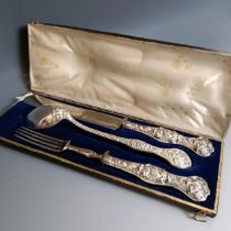 A Continental silver christening set, comprising a knife, fork and spoon, cased, in a fitted case