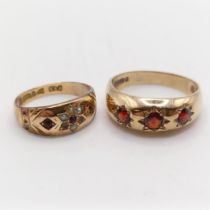 A 9ct gold and red stone ring, ring size R, and another, ring size H (2)