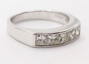 A certificated 18ct white gold five stone, princess cut, channel rub over-set diamond ring, diamonds