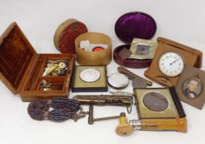An oval leather jewellery box, various medallions, penknives, and assorted other items