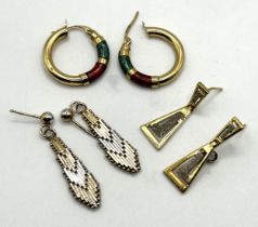 A pair of 9ct gold earrings, and two other pairs of earrings (3)