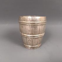 A Continental silver novelty beaker, in the form of a barrel, 62 g Base engraved
