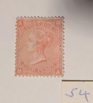 An 1865 4d vermillion, unused, plate 14, cat £775