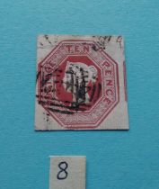 An 1847 10d embossed four good margins, nice colour, cat £1,500