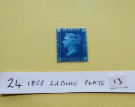 An 1858 2d blue plate 13, unused