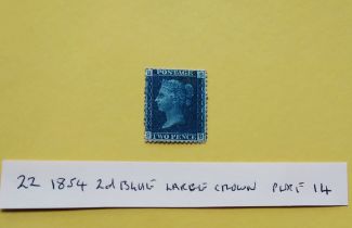 An 1854 2d blue large crown per 14, unused