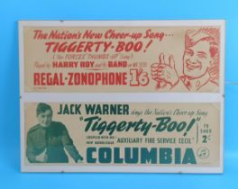 Two War time Music posters, Tiggerty - Boo, by Harry Roy and his band, 13 x 37, framed