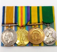 A group of four medals, awarded to 737 Sjt T W Hindhaugh RE, comprising a British War Medal, a