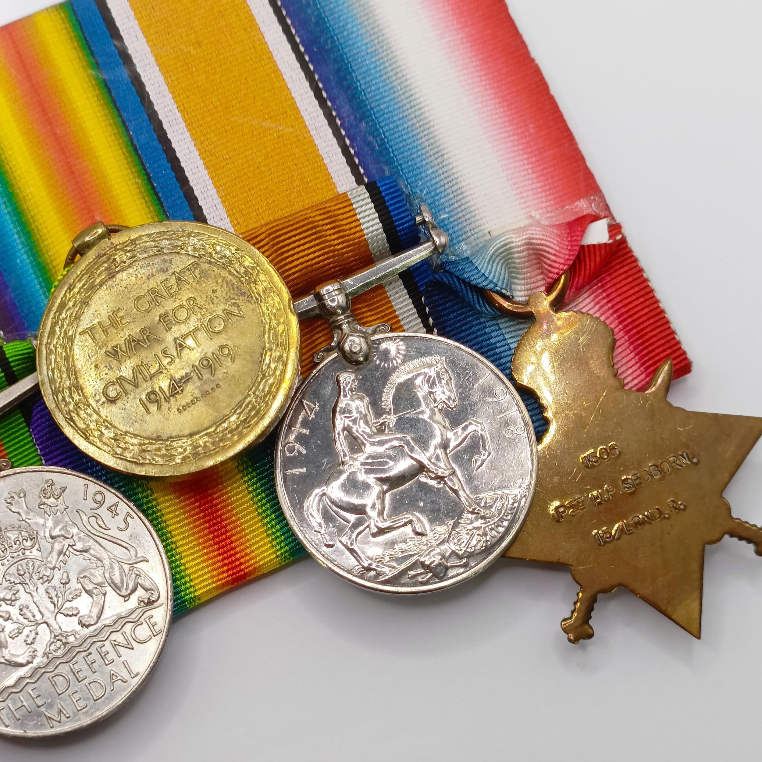 A group of five medals, awarded to 1506 Pte H P Sebborne 15/London R, comprising a 1914-15 Star - Image 7 of 7