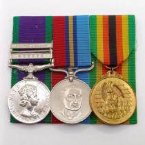 A group of three medals, awarded to 22771772 Pte D Hurd-Wood KOYLI, including a General Service