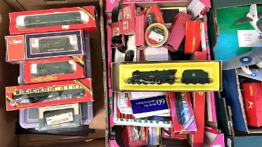 Assorted OO gauge locomotives, carriages, track and assorted items (2 boxes)