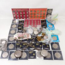 Assorted pre-decimal and other coins, and two silver hunter pocket watches, on chains