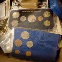 A group of assorted world coins, banknotes, postcards and other items (box)