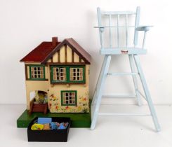 A Tri-ang style dolls house, assorted furniture, a doll size highchair, and a dolls tea set (qty)