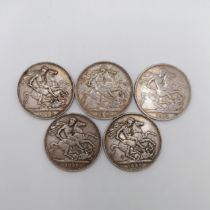 A George IV crown, 1822, and four other crowns, 1889, 1890, 1892, and 1900