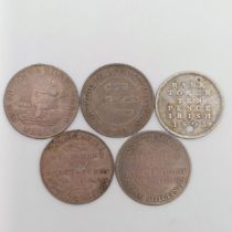 A Shaftesbury Bank Token, Licensed 14th March 1811, and four other bank tokens One clearly drilled