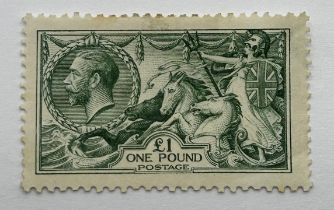 A Great Britain GVR green Seahorse £1 stamp Appears to have been hinged twice, with remains of one