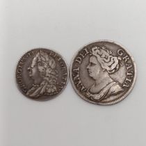 A Queen Anne shilling, 1711, and a George II sixpence, 1757