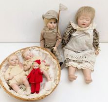 A bisque head doll, and other dolls (box)