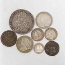 A George II shilling, 1758, a group of Maundy and other coins