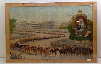 A late Victorian handcut jigsaw puzzle of The Diamond Jubilee Procession June 22nd 1897, framed,